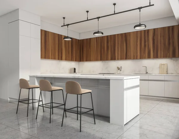 Vista Canto Interior Sala Cozinha Brilhante Com Balcão Bar Branco — Fotografia de Stock