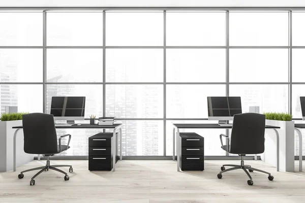 Corner View Panoramic Office Two Black Desks Standing Next Window — Stock Photo, Image