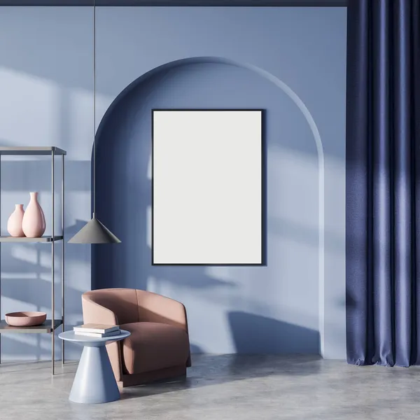 의자와 램프가 콘크리트 미니멀리즘 게스트 캔버스 공간파란 렌더링 — 스톡 사진