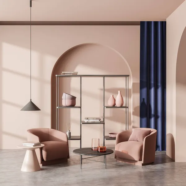 Light reading room interior with pink seats and coffee table with vase, coffee table with books, grey concrete floor. Minimalist guest space and rack with curtains. 3D rendering