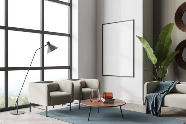 Entspannungsraum Mit Zwei Sitzen Und Couch Couchtisch Mit Dekoration Teppich — Stockfoto