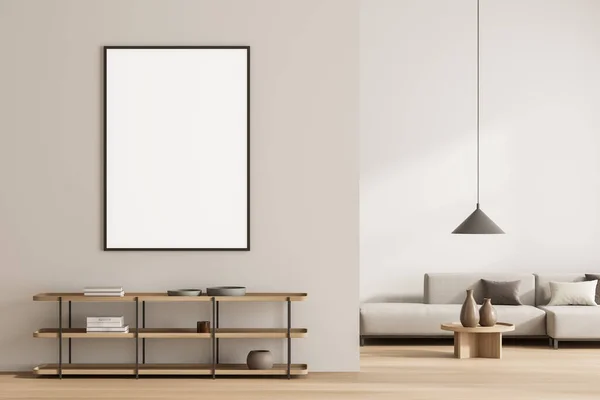 明亮的客厅内部有空白的白色海报 咖啡桌 地毯和木制地板 简约设计的概念 见面的好地方 把它弄坏了3D渲染 — 图库照片