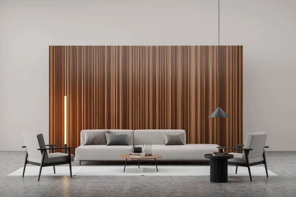 Stijlvol Lounge Interieur Met Grijze Bank Kussens Twee Fauteuils Betonnen — Stockfoto