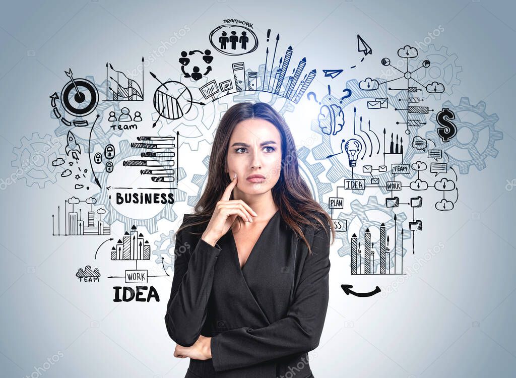 Young attractive businesswoman in formal suit is standing in front of colourful sketch with brain, goal, bar and pie diagram in background. Concept of imagination and brainstorming for creative idea