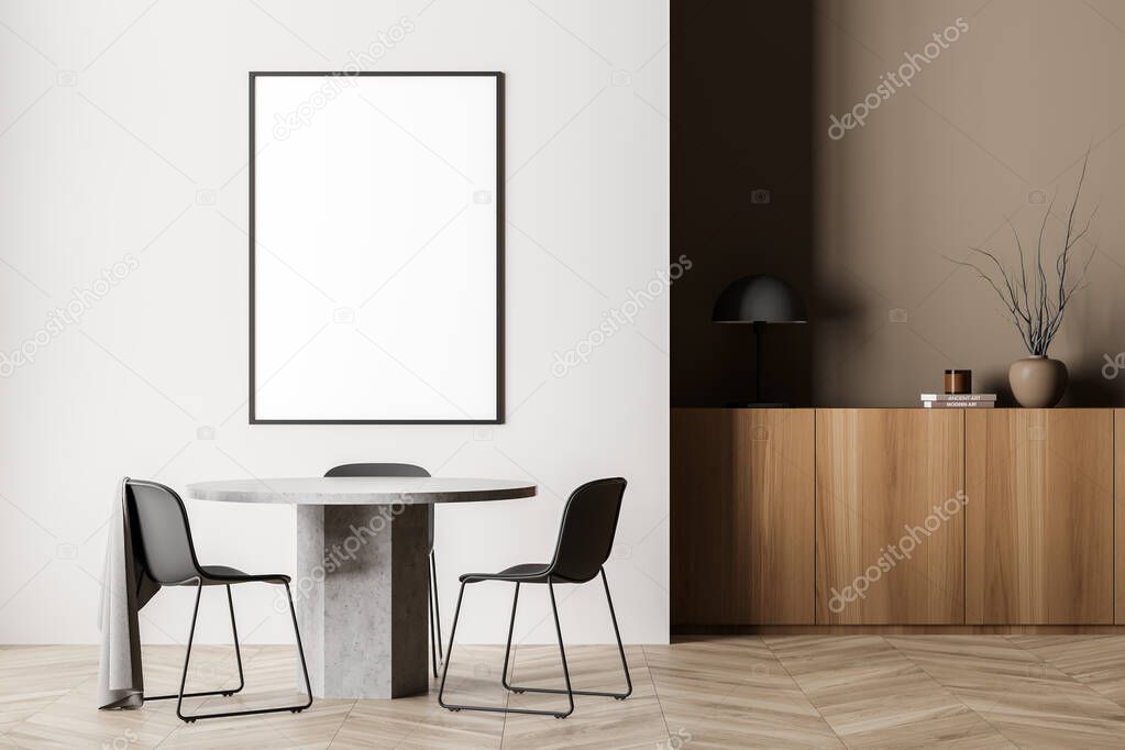 White and beige dining room areas with mockup canvas over round table and sideboard next to wall. Interior with parquet floor. Scandinavian design. Concept of modern living space. 3d rendering