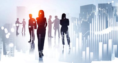 İş adamları birlikte çalışır, iletişim kurar, teknolojiyi kullanır, tokalaşır. Borsa değişikliklerinin bar çizelgesi ve çizgileriyle iki katına çıkması. Takım çalışması kavramı