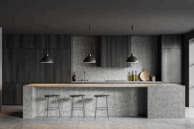 Üç bar sandalyesi ve beton masası olan şık bir yemek masası mutfak gereçleri ile lavabo, ön manzara. Minimalist mobilyalı lüks mutfak, 3 boyutlu görüntüleme