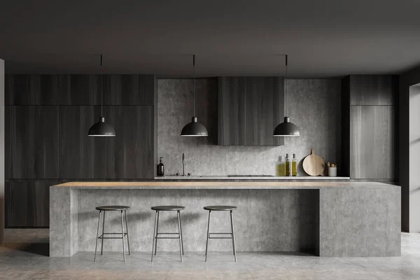 Stilvolles Kücheninterieur Mit Drei Barstühlen Und Betontisch Spüle Mit Geschirr — Stockfoto