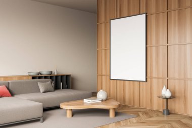 İçi kanepe ve yastıklarla dolu dinlenme odası kitaplar ve tabaklar ile klozet vazo ile kahve masası. Minimalist misafir sanat odası. Boşluk tuval çerçevesini kopyala, 3B görüntüleme