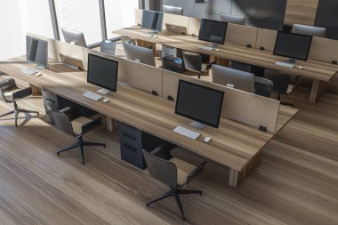 Bej detayları, ahşap çalışma istasyonları ve parke tarzı zemini olan modern ofis iç tasarımı. İş yeri kavramı. Üst Manzara. 3d oluşturma