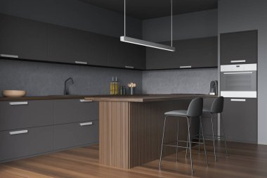 İki bar sandalyesi, ahşap masa, yan görüş, lavabo ve fırınlı mutfak gereçleri olan şık bir iç mekan. Minimalist mobilyalı lüks mutfak, 3 boyutlu görüntüleme