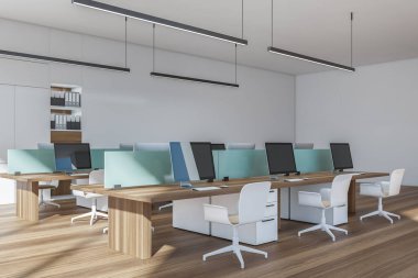 Doğrusal ışıkları ve yeşil detayları olan modern beyaz ofis. İç dizayn, çalışma istasyonları, ahşap döşemeli minimalist dolap. İş yeri kavramı. Köşe manzarası. 3d oluşturma