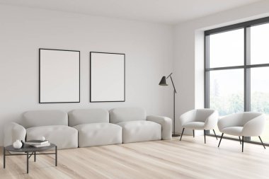 Panoramik beyaz oturma odasının köşesinde iki tuval, mobilya seti, lamba, sehpa ve ahşap zemin. Modern daire tasarımı kavramı. Modelleme. 3d oluşturma