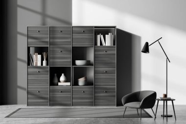Okuma odasının iç kısmı koltuklu, sehpası lambalı, rafı gri beton kaplı. Minimalist misafir alanı ve raf, 3B görüntüleme