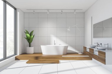 Banyonun içi aydınlık, aynalı iki lavabo, tahta kürsüde küvet. Kırsal kesimde fayanslı zemini ve penceresi olan modern banyo, 3 boyutlu.