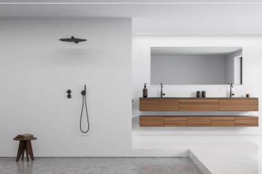 Beyaz duş odası içi ahşap kaplama, ayna ve taburesi gri beton zeminli açık kamara. Modern minimalist banyo tasarımı kavramı. 3d oluşturma