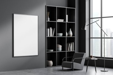 Kütüphanenin içinde koltuk ve sehpa, kitaplarla ve dekorasyonla dolu raf, şehir manzaralı pencere, gri beton zeminde lamba. Boş tuval, 3 boyutlu görüntüleme