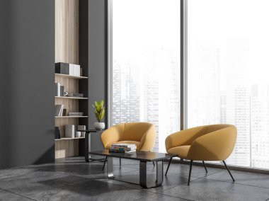 İçi koyu renk okuma odası, sarı koltuklar, kahve masası, kitaplar, süslemeler, döşemeler. Minimalist misafir alanı ve panoramik pencere. 3B görüntüleme