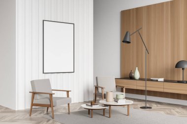 İki koltuklu, kahve masalı, yan manzaralı, dekoratif ve kitaplı ahşap komodinli, parke zemin ve halılı dinlenme odası. Boş tuval beyaz duvarda, üç boyutlu görüntüleme