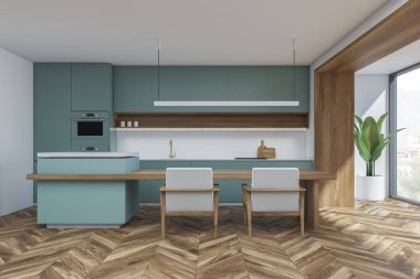 Kahvaltı masasının üzerinde doğrusal ışık, iki koltuk ve parke zemin olan minimalist yeşil ve beyaz mutfak odası. Modern tasarım kavramı. 3d oluşturma