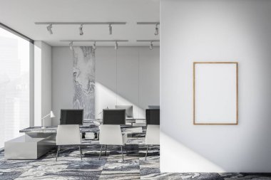 Mermer iç tasarım, iki ofis masası kombinasyonu, koltuklar, modern tavan ışıkları, gri duvarlar ve fayanslı zemin. İş yeri kavramı. Modelleme. 3d oluşturma