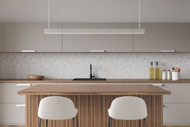 İki bar koltuğu, ahşap masa, lavabo ve mutfak gereçleri ve önü manzaralı şık bir iç mekan. Minimalist mobilyalı lüks mutfak, 3 boyutlu görüntüleme