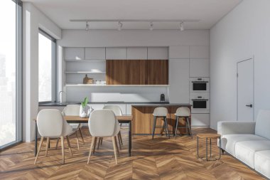 İçi beyaz yemek, sandalyeler, yemek masası, tabaklar, bar koltukları. Mutfak seti ve parke zemininde kahve masası olan kanepe. 3B görüntüleme