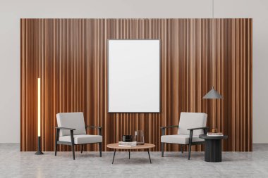 İki koltuklu ve lambalı bir galeri odası dekorasyonlu bir sehpa. Mobilyalı sanat odası, gri beton zemin. Tahta duvardaki boş tuval çerçeve, 3 boyutlu.