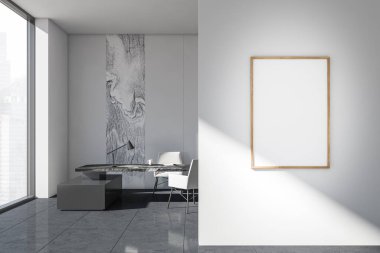 Duvarında maket olan koridor ve arka planında ofis masası. Modern iç tasarım, gri fayanslı zemin, şık mobilyalar, mermer detaylar ve panoramik pencere. İş yeri kavramı. 3d oluşturma