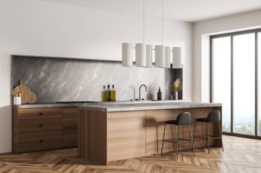 İki bar sandalyesi, masa, lavabo ve mutfak gereçleri, yan manzara, parke zemin. Minimalist mobilyaları ve panoramik penceresi olan lüks mutfak.