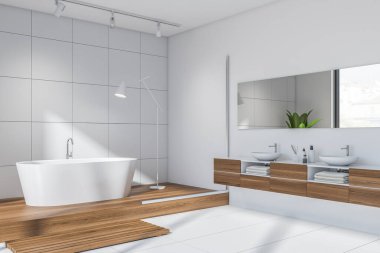 Banyonun içi aydınlık, iki lavabo, ayna ve havlular, tahta kürsüde küvet, yan görüş. Döşemesi fayansla döşenmiş modern banyo, 3 boyutlu.