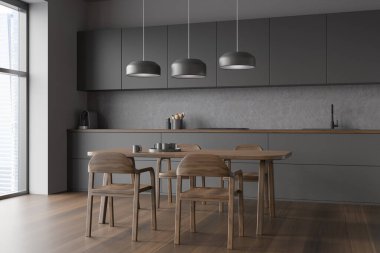 Minimalist modüler dolabı olan gri mutfak, ahşap yemek masasının üzerinde üç kolye lambası, dört sandalye ve parke tarzı döşeme. Modern tasarım kavramı. 3d oluşturma