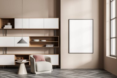 Bekleme odasında, gri parke üzerinde koltuk ve yastık var. Kitapları, dekorasyonu ve penceresi olan uzun bir raf. Boşluk tuval çerçevesini kopyala, 3B görüntüleme