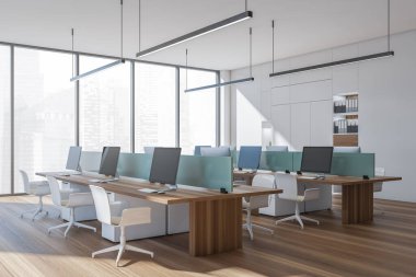 Doğrusal ışıklandırması ve yeşil masa bölümüyle modern panoramik ofis. İç dizayn, çalışma istasyonları, minimalist beyaz dolap ve ahşap zemin. İş yeri kavramı. Köşe manzarası. 3d oluşturma