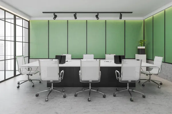 Minimalista Sala Reuniões Interior Com Poltronas Mesa Com Laptop Piso — Fotografia de Stock