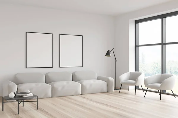 Corner View Panoramic White Living Room Two Canvases Furniture Set — Stock Photo, Image