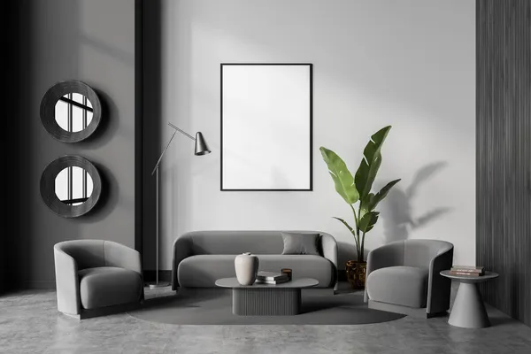 Art room interior with grey seats and lamp with plant, relaxing room with stylish furniture, carpet and concrete floor. Blank canvas copy space on wall, 3D rendering