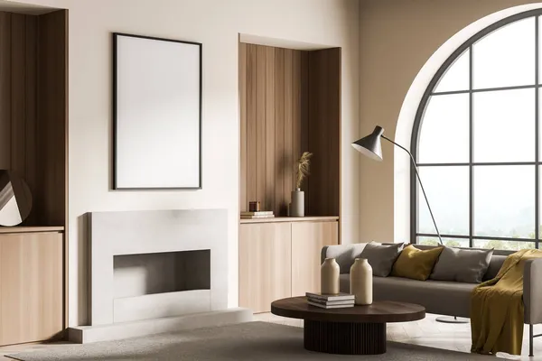 Mock up canvas over fireplace, two niches, arch window, minimalist lamp, living room settee and coffee table, tied up in modern beige design. Concept of scandi interior. Corner view. 3d rendering