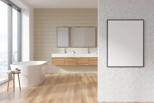 Wooden Bathing Room Interior Tub Parquet Two Sinks Mirror Window — Stock Photo, Image