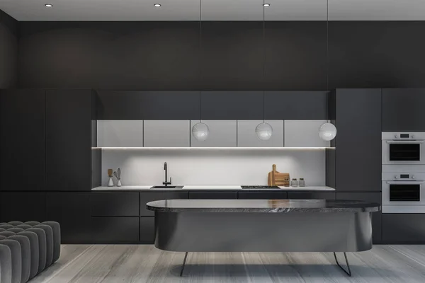 Minimalistisch Grauer Küchenraum Mit Ovalem Tisch Drei Pendelleuchten Lampen Integrierter — Stockfoto
