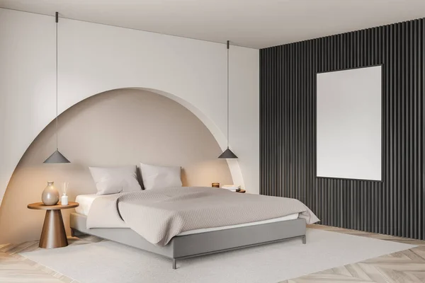 Lona Burlona Moderno Dormitorio Beige Con Arco Sobre Cama Paneles — Foto de Stock