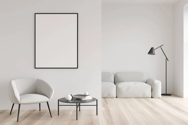 Canvas in white seating area with living room sofa on background. Modern interior design, using single armchair, lamp, coffee table and light wood floor. Minimalist concept. Mockup. 3d rendering
