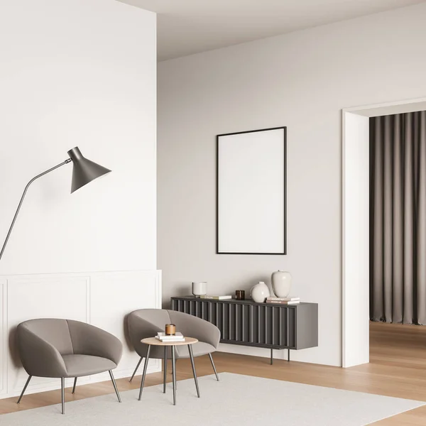 Canvas on light beige wall in corridor interior with two armchairs, coffee table, sideborad, rug and doorway. Concept of modern house design. 3d rendering. Mockup.