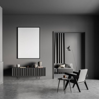 Duvarda koyu gri bir iç döşemesi, sehpası ve beton döşemesi olan tek bir koltuk var. Arka plandaki oturma odasına giriş. Modern iç tasarım kavramı. 3d oluşturma