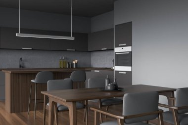 Bar sandalyeleri, tahta masalı koltuklar, yan görüş, lavabo ve fırınlı mutfak gereçleri ile şık bir iç mekan. Minimalist mobilyalı lüks mutfak, 3 boyutlu görüntüleme