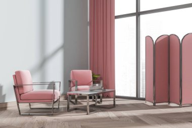 İki pembe koltuk ve kitaplı kahve masası olan şık bir misafir odası. Şehir manzaralı, parke katlı bir pano. Rahatlatıcı alan ve dekorasyon, 3B görüntüleme