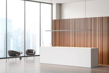 Parlak ofis odası resepsiyonlu, panoramik pencereli Singapur şehri gökdelen manzaralı, beton zemin, iki rahat koltuk. Buluşmak için mükemmel bir yer. Minimalist tasarım. 3d oluşturma