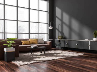 İçinde kanepe, yastık, sehpa, dekorasyon, halı ve parke zemin olan gri bir daire. Boş duvar kopyalama alanı, 3B oluşturma