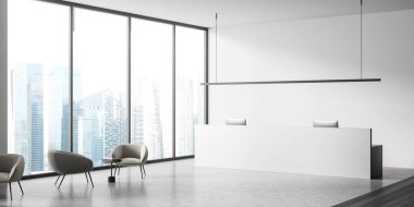 İçerisi gri beton kaplı, oturma odası Singapur manzaralı pencere kenarındaki koltuklarla dolu. Ofis masası ve misafir odası olan resepsiyon girişi, 3 boyutlu görüntüleme