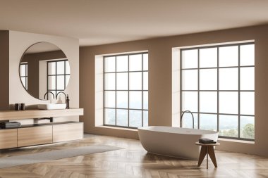 Banyo içi bej, yuvarlak aynayla batmak, aksesuarlarla asılmak, masa ve panoramik kırsal manzara ile küvet. Minimalist tasarımı olan modern banyo, 3 boyutlu görüntüleme